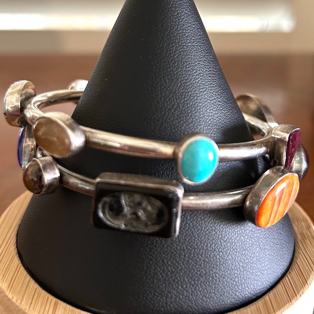 Vintage VBS Studio Heavy.925 Sterling Silver Multi-Gemstone Bangle Set 91g Total